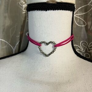 Heart Choker with Pink Faux Leather Necklace